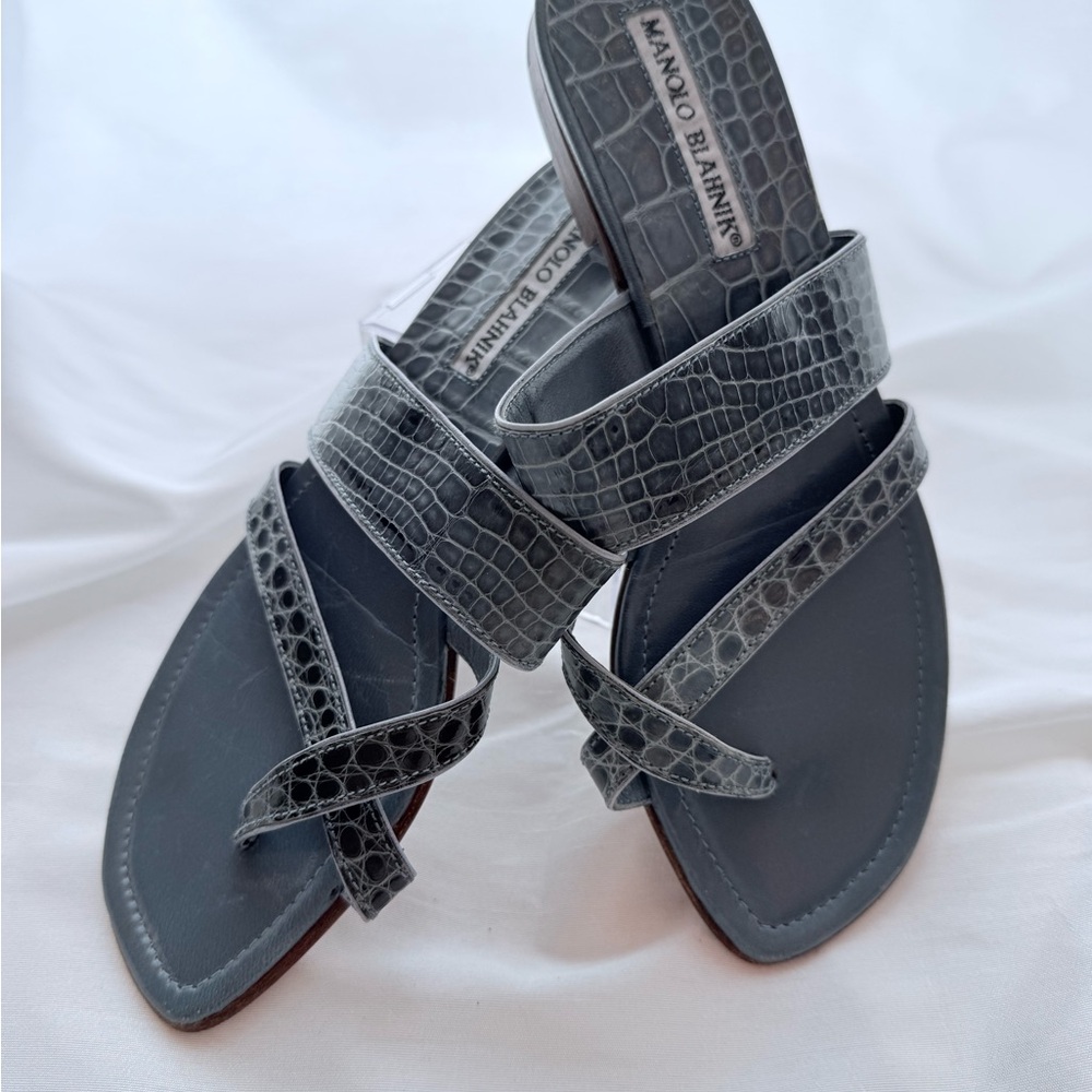 Manolo Blahnik Silver Croc-Embossed Sandals